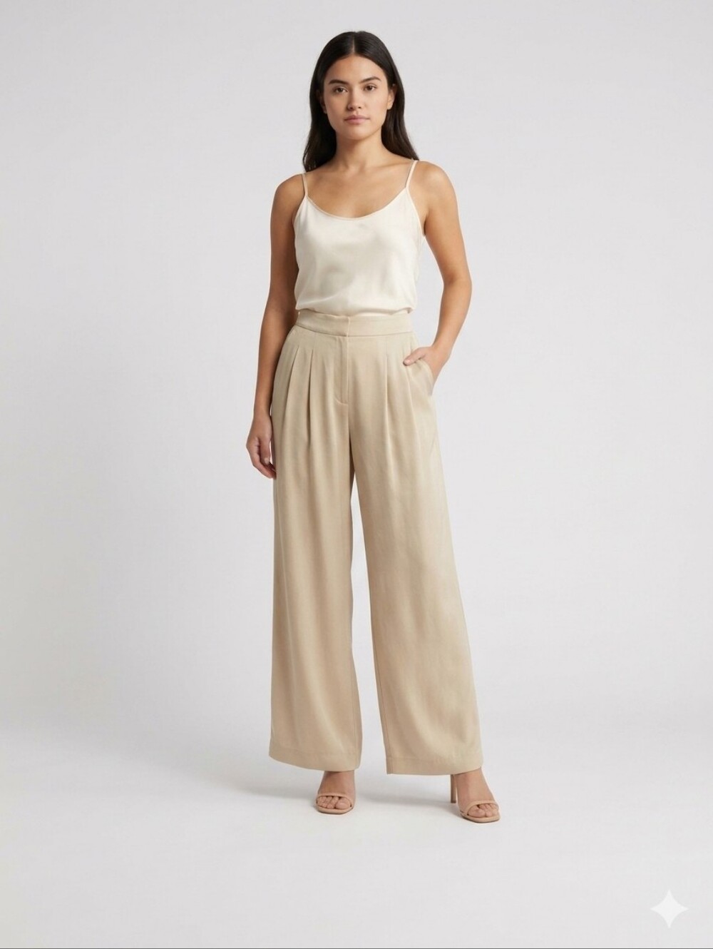 Lafayette 148 Pants 100% Silk Wide Leg Pleated Trousers Beige 8P Petite 8